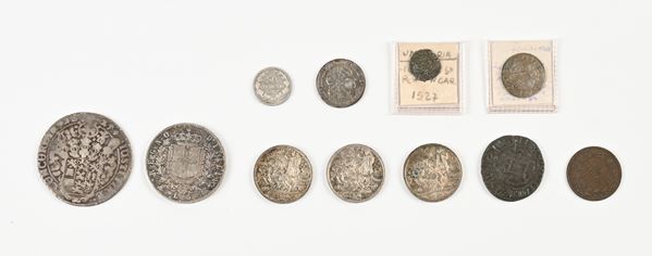 Lotto Regno d'Italia: cinque lire, due lire (3), 5 centesimi e 50 centesimi. Scudo di Brabante. Tre kreutzer, 20 centesimi Haiti e soldino Giovanni Corvino, tornese Genova