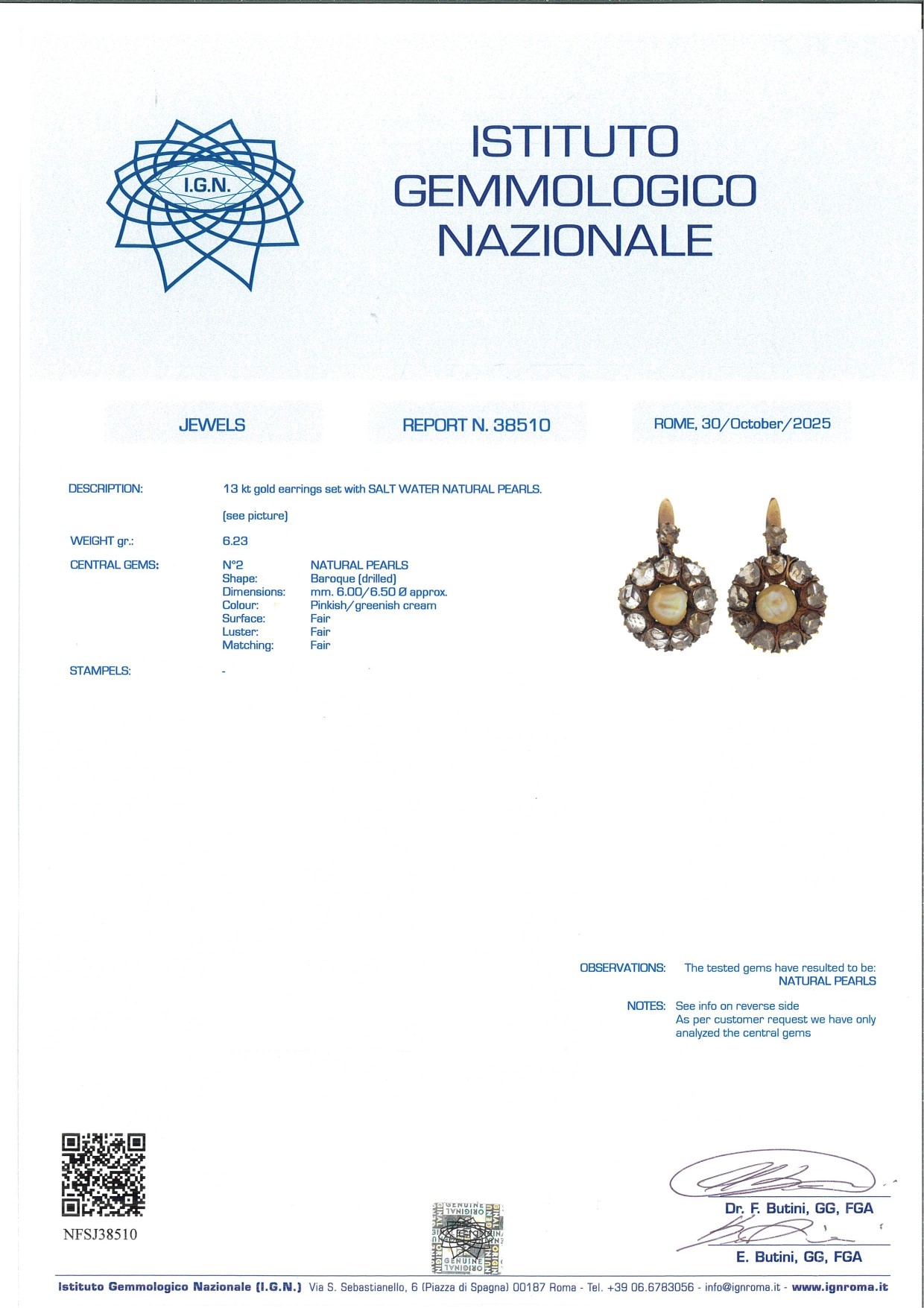 Coppia di orecchini a monachina in oro giallo 13 kt con perle naturali e diamanti