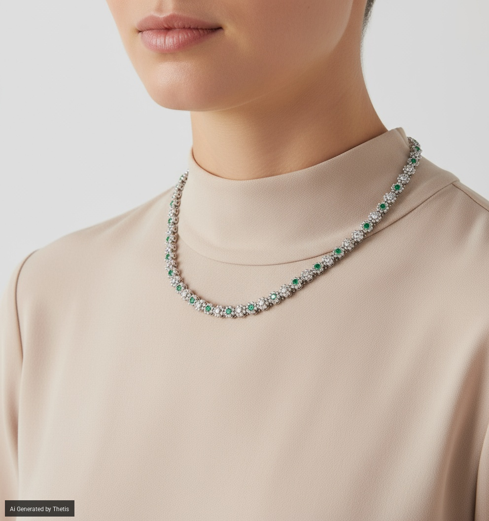 Girocollo in oro bianco 750/000 con brillanti e smeraldi