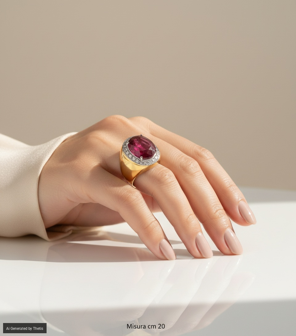 Anello a sigillo in oro, rubino e brillanti