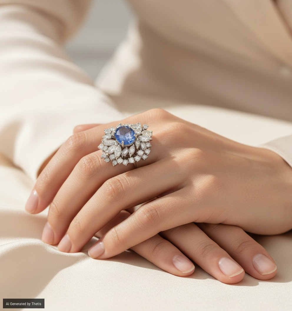 Anello a fiore in oro, brillanti e zaffiro