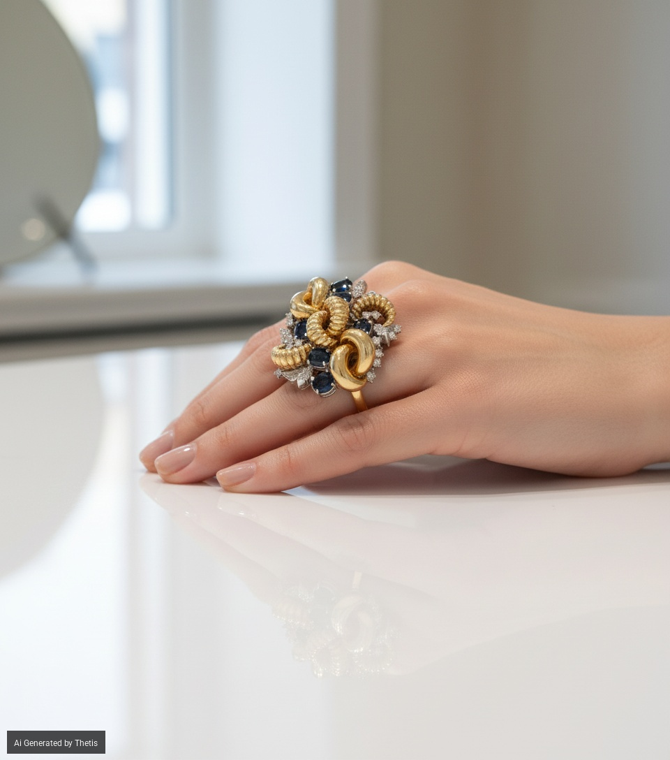 Anello a fiore in oro, brillanti e zaffiri