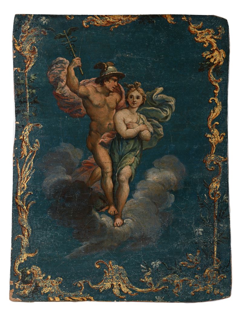 Pittore del XVIII Secolo - Mercurio e Psiche, olio su faesite
