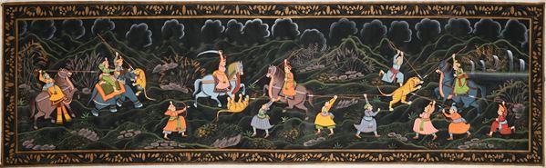 Scroll raffigurante "Caccia alla tigre", India, XX secolo