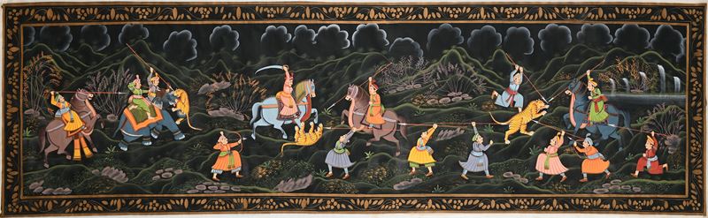 Scroll raffigurante "Caccia alla tigre", India, XX secolo