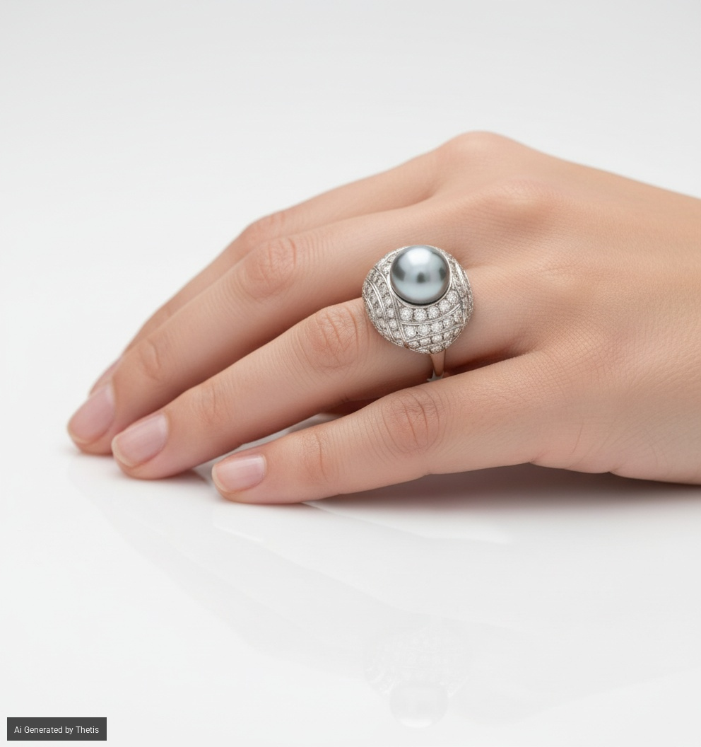 Anello in oro bianco 750/000, perla Tahiti e brillanti