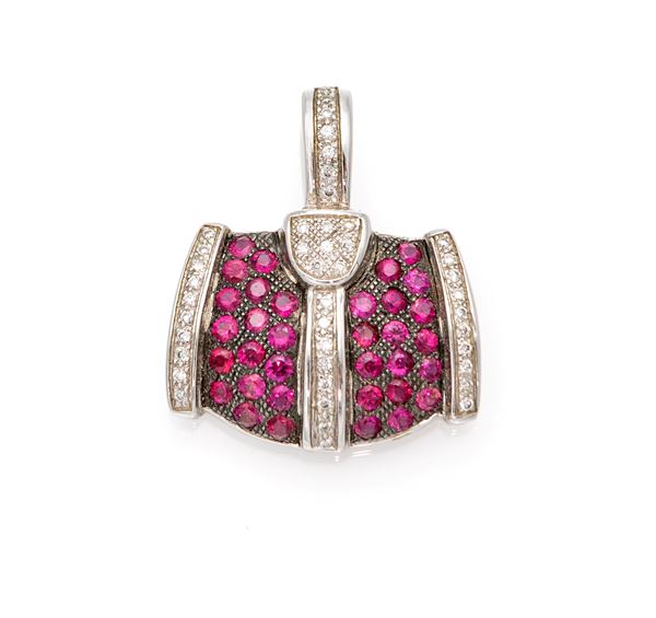 Pendente in oro, brillanti e pietre rosse