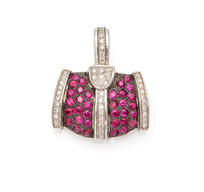 Pendente in oro bianco 750/000 con brillanti e pietre rosse