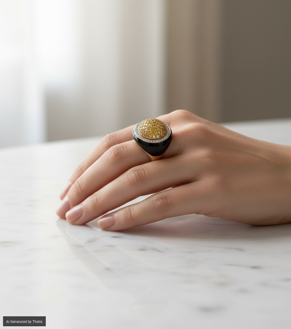 Anello in oro, smalto, brillanti e zaffiri gialli