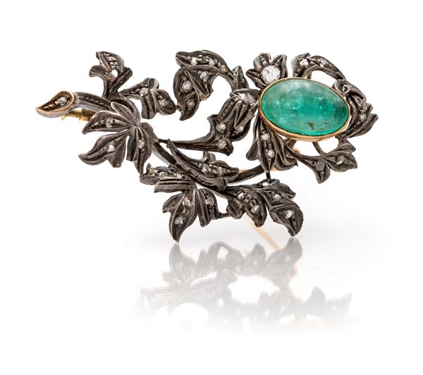 Spilla a fiore en tremblant in oro, argento, diamanti e smeraldo cabochon