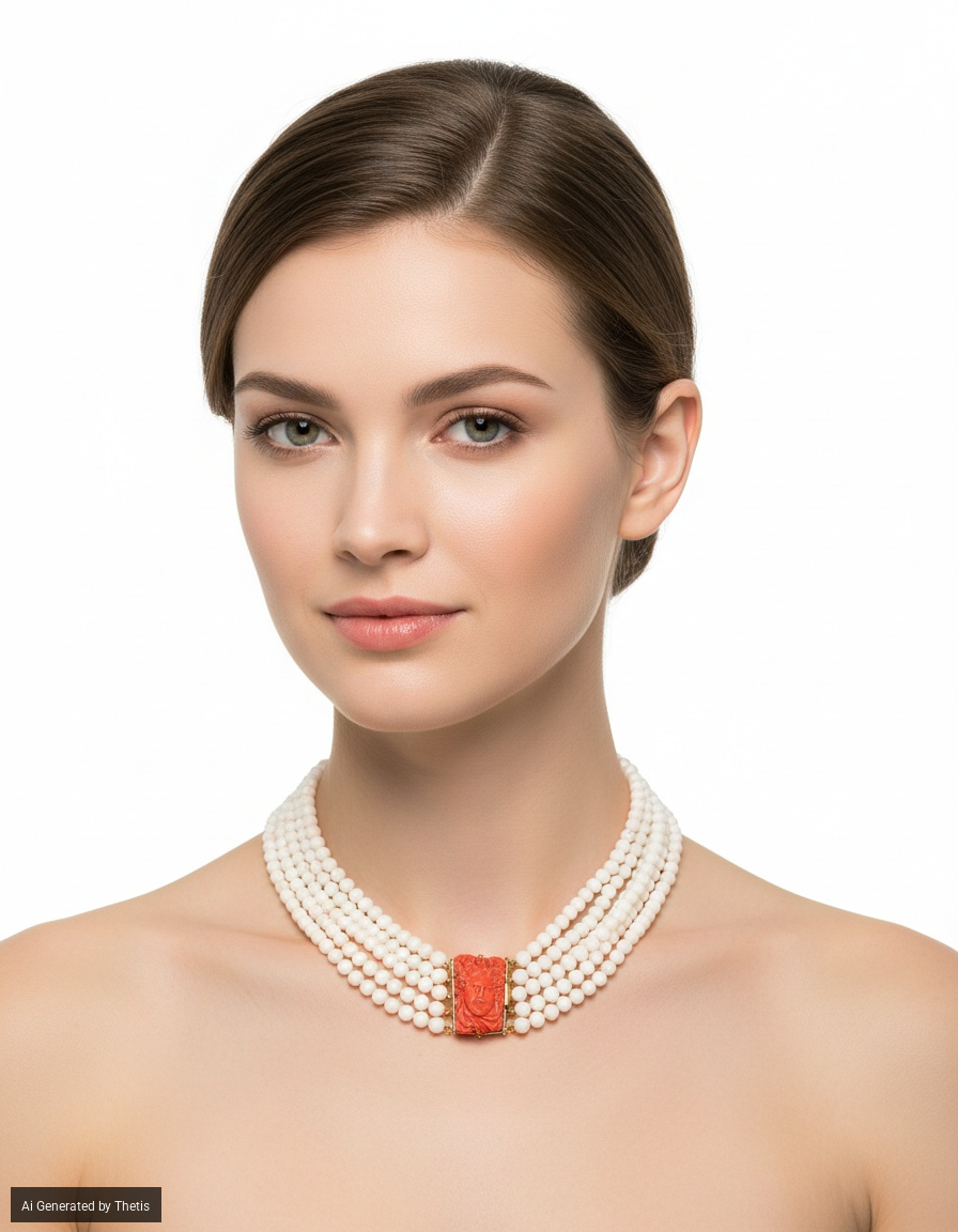 Collana in oro giallo 750/000 con corallo bianco e cammeo in corallo, lunghezza cm 52