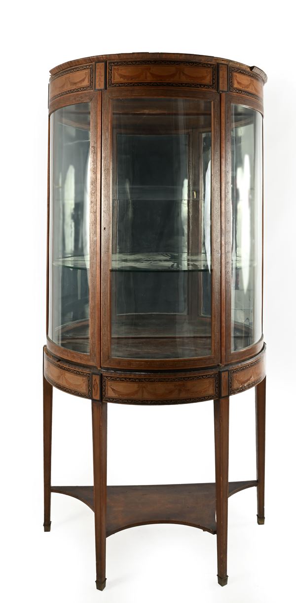 Console a demilune con alzata a vetri in legno intarsiato, XIX secolo