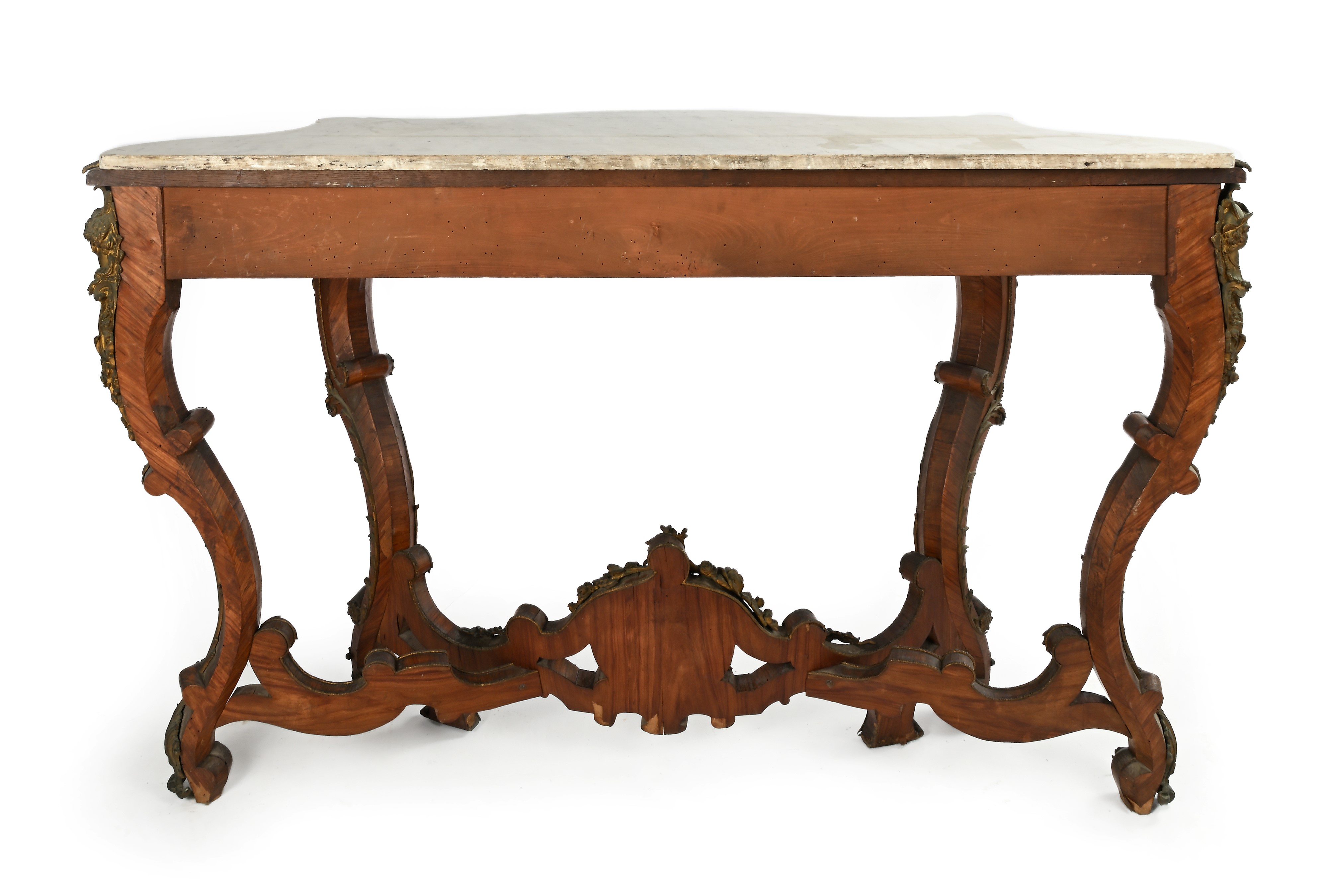 Console sagomata in bois de rose con piano in marmo bianco, placche in porcellana e finiture in b...