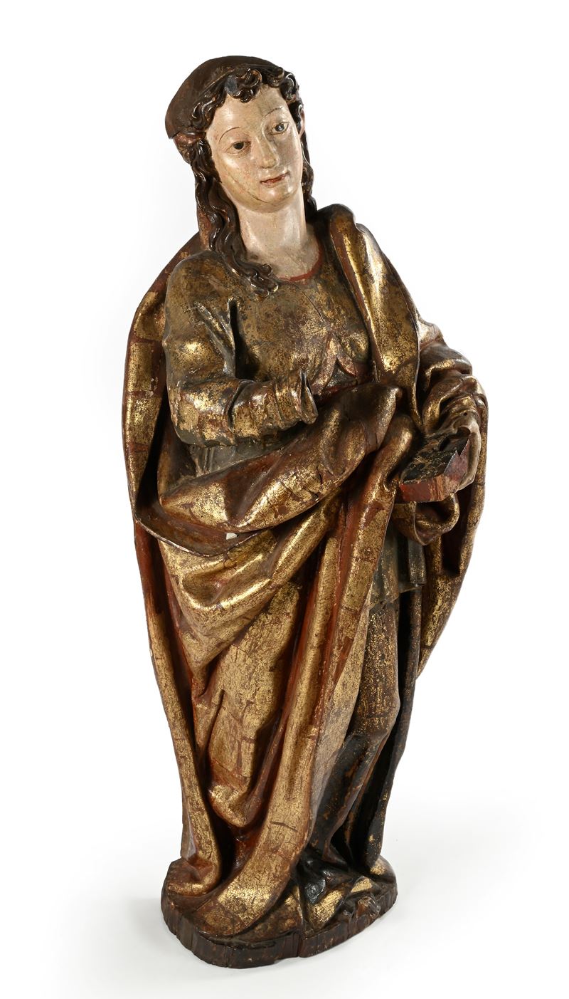 Scultura di Santa con libro, legno laccato e dorato, XVII secolo