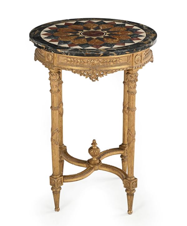 Tavolino in legno dorato con piano circolare in commesso di marmi colorati, XIX secolo