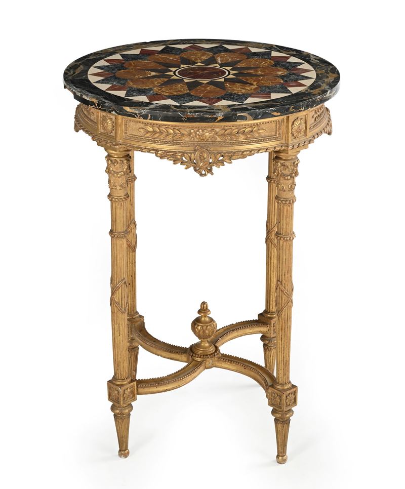 Tavolino in legno dorato con piano circolare in commesso di marmi colorati, XIX secolo