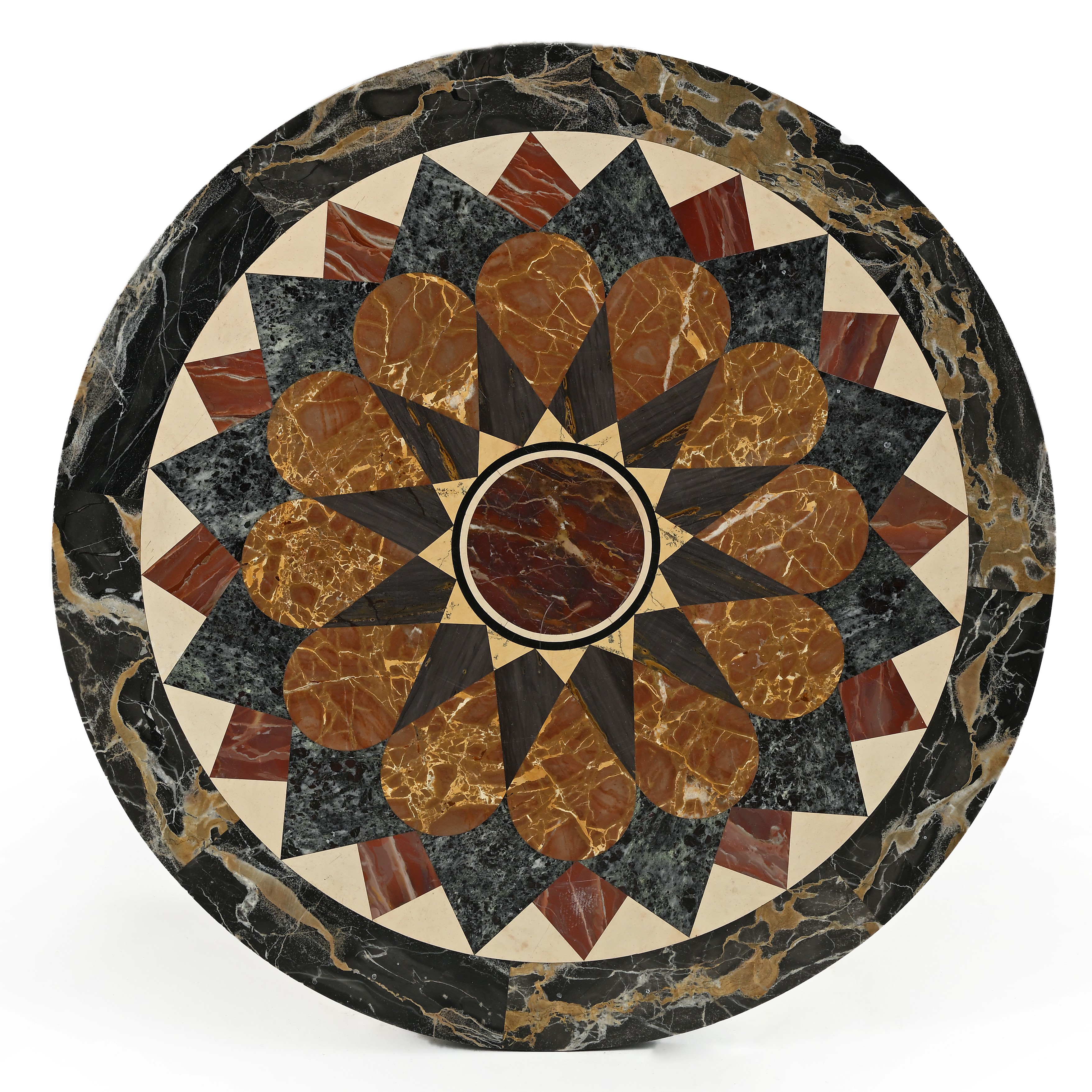 Tavolino in legno dorato con piano circolare in commesso di marmi colorati, XIX secolo