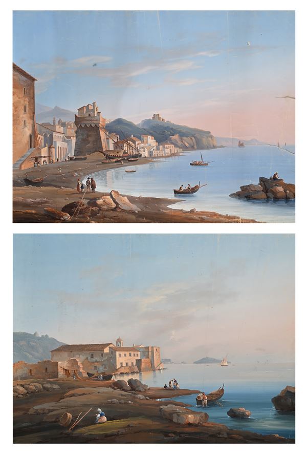 Scuola napoletana, fine XIX/inizi XX secolo - a) Marina di Vietri e la torre Vito Bianchi  b) Ospizio a Pozzuoli