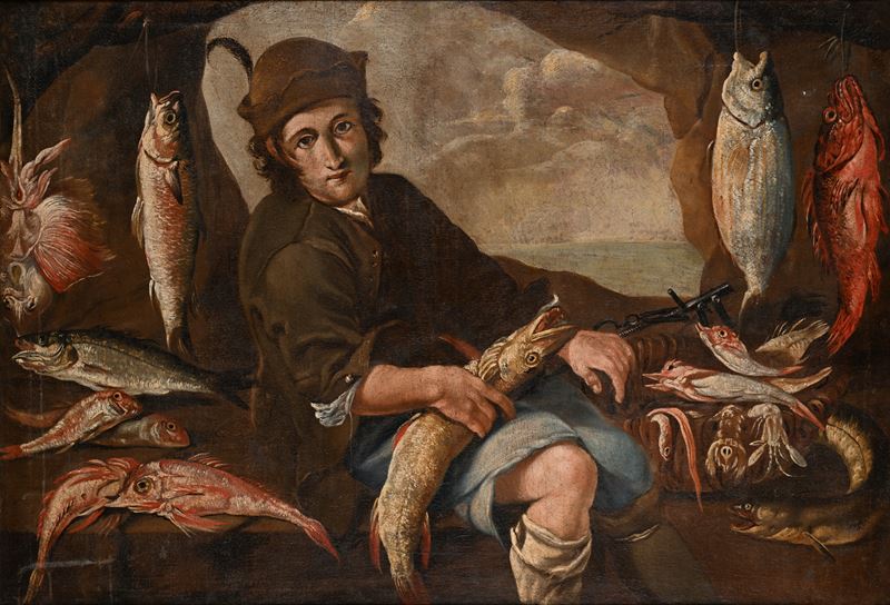 Pittore Lombardo del XVII Secolo - Il pescivendolo, olio su tela