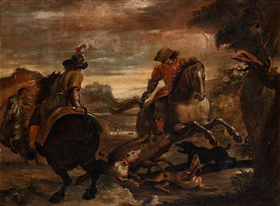 Scena di caccia al cinghiale, olio su tela