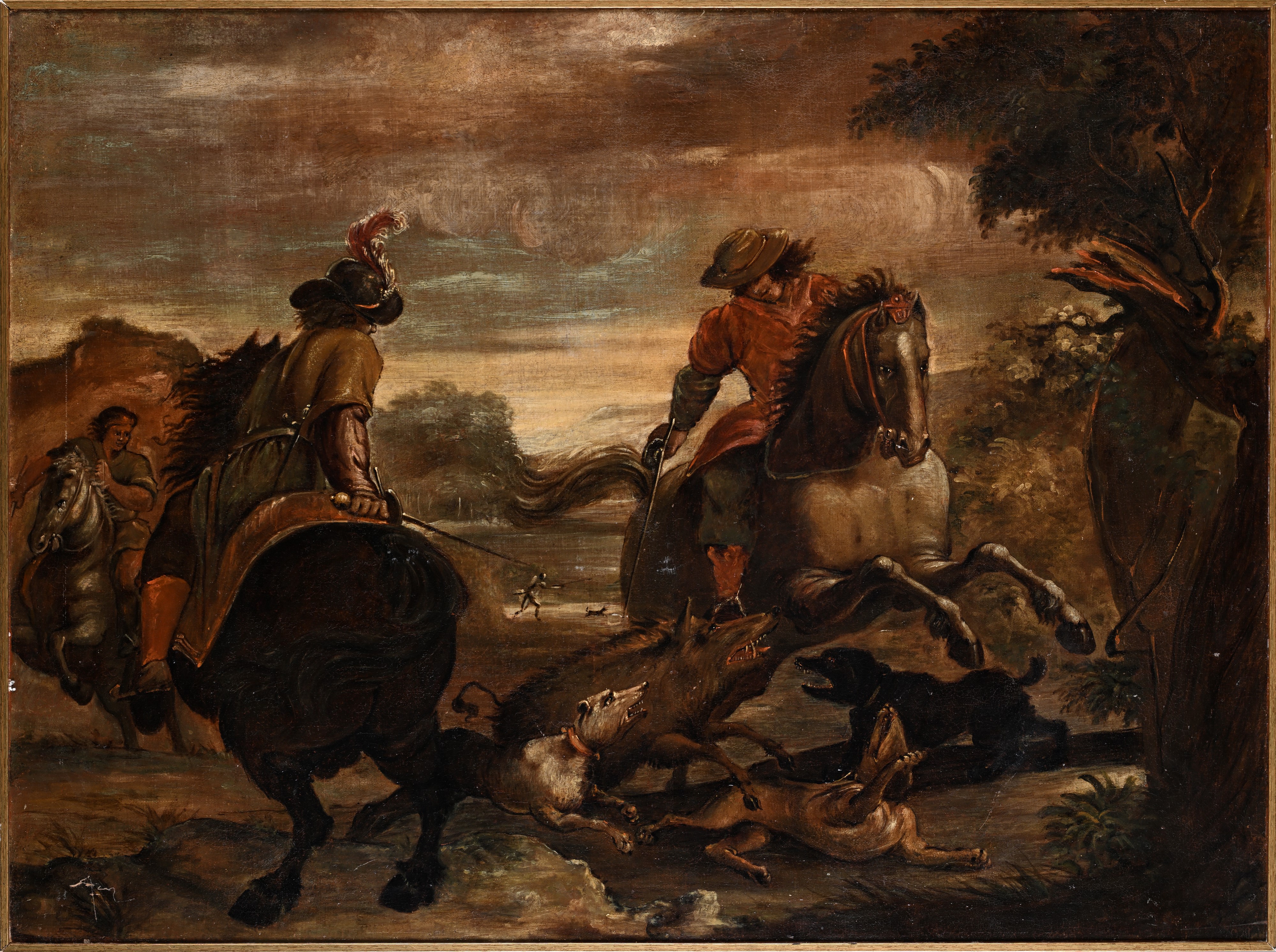 Pittore del XVII Secolo - Scena di caccia al cinghiale, olio su tela