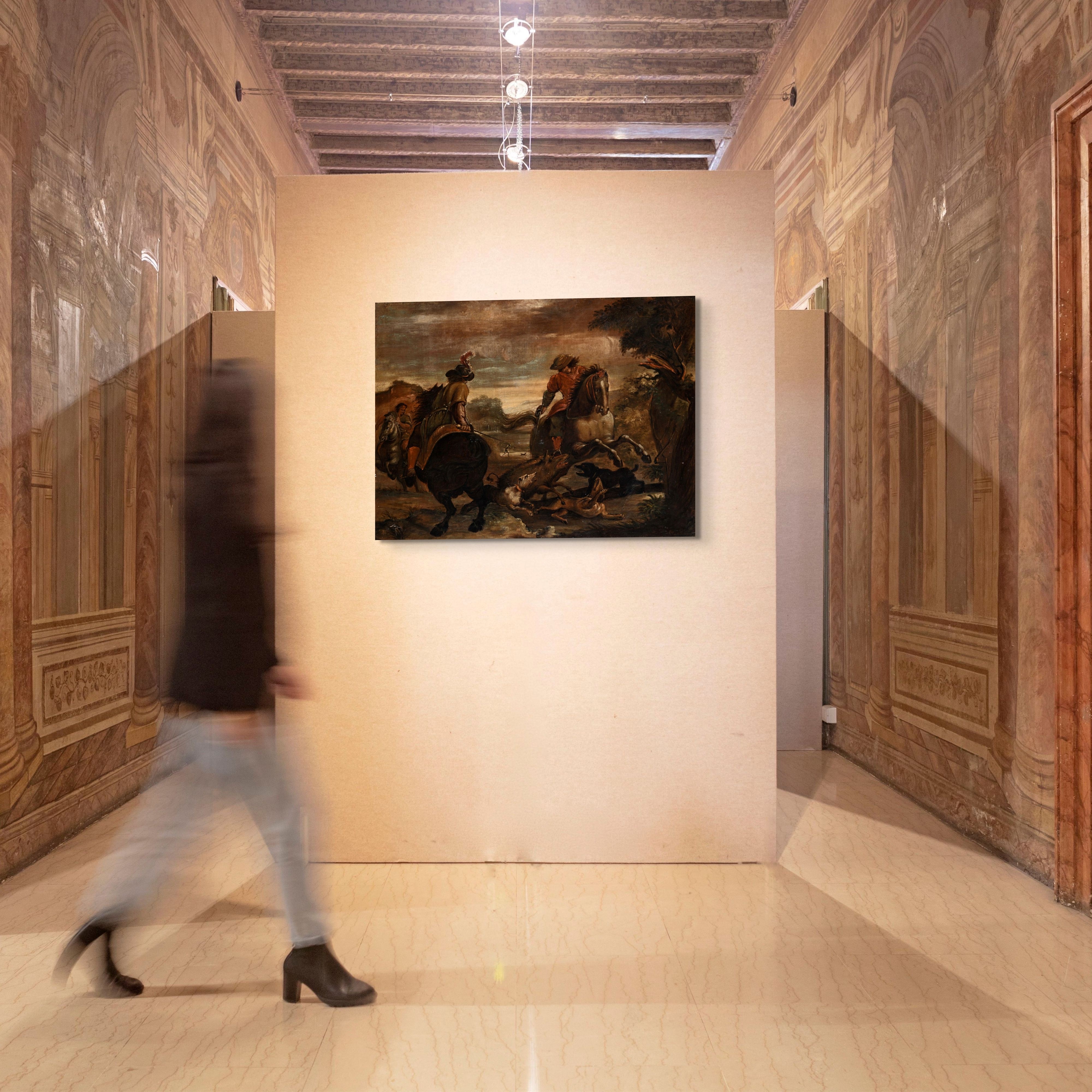 Pittore del XVII Secolo - Scena di caccia al cinghiale, olio su tela