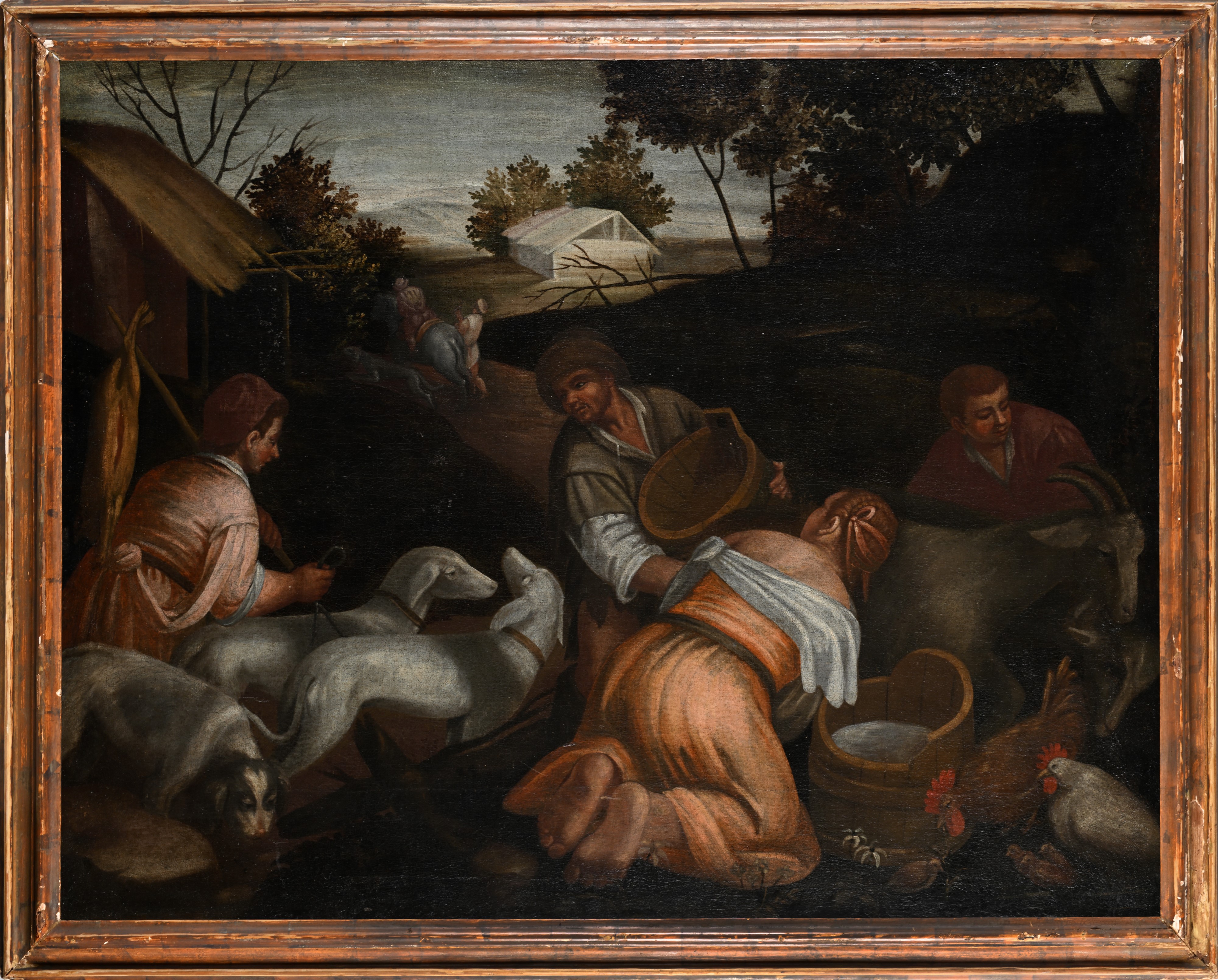 Pittore Bassanesco del XVII Secolo - La mungitura delle capre, olio su tela