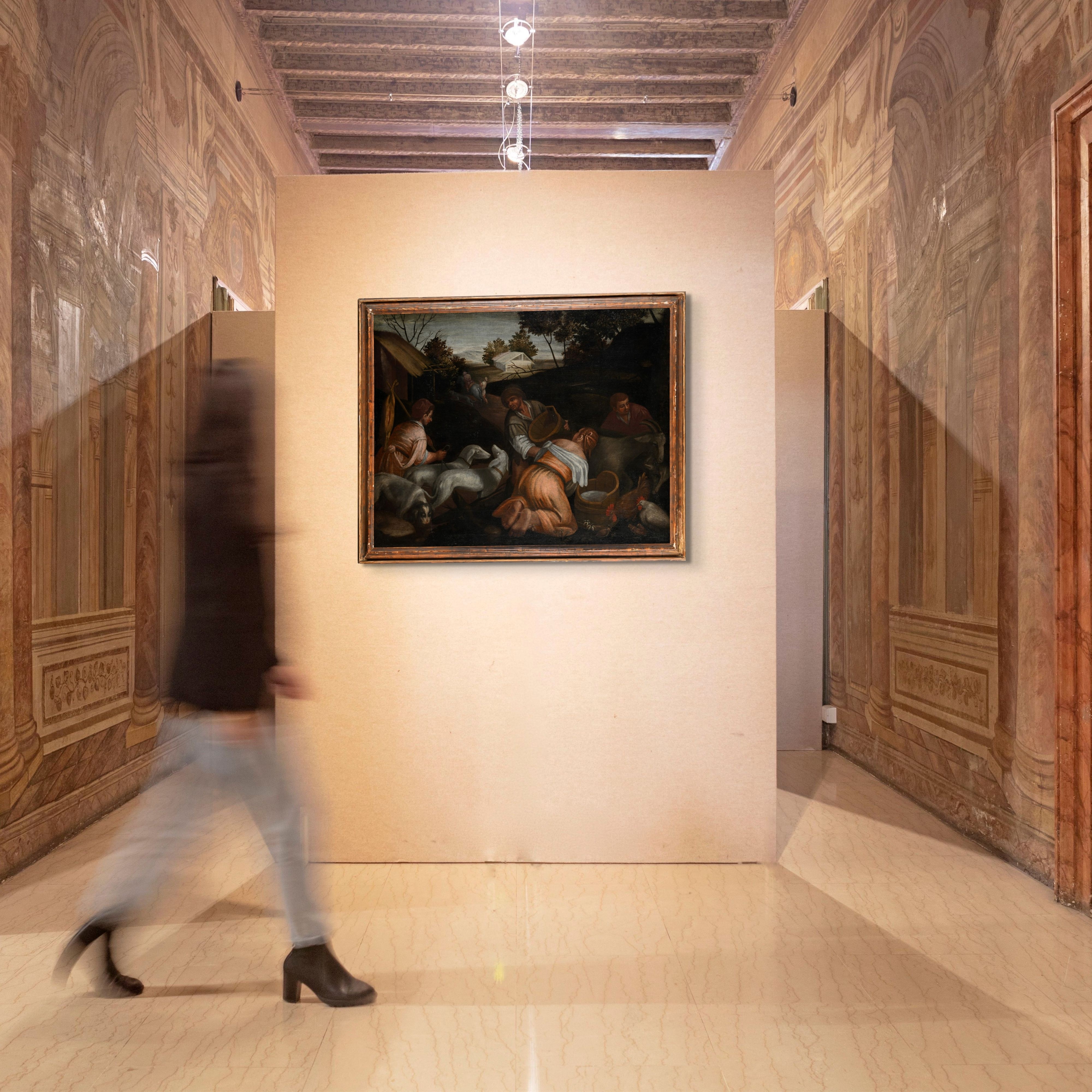 Pittore Bassanesco del XVII Secolo - La mungitura delle capre, olio su tela
