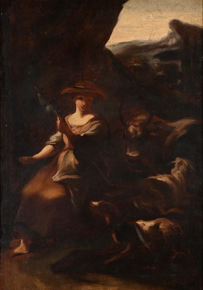 Contadina che fila con armenti, olio su tela