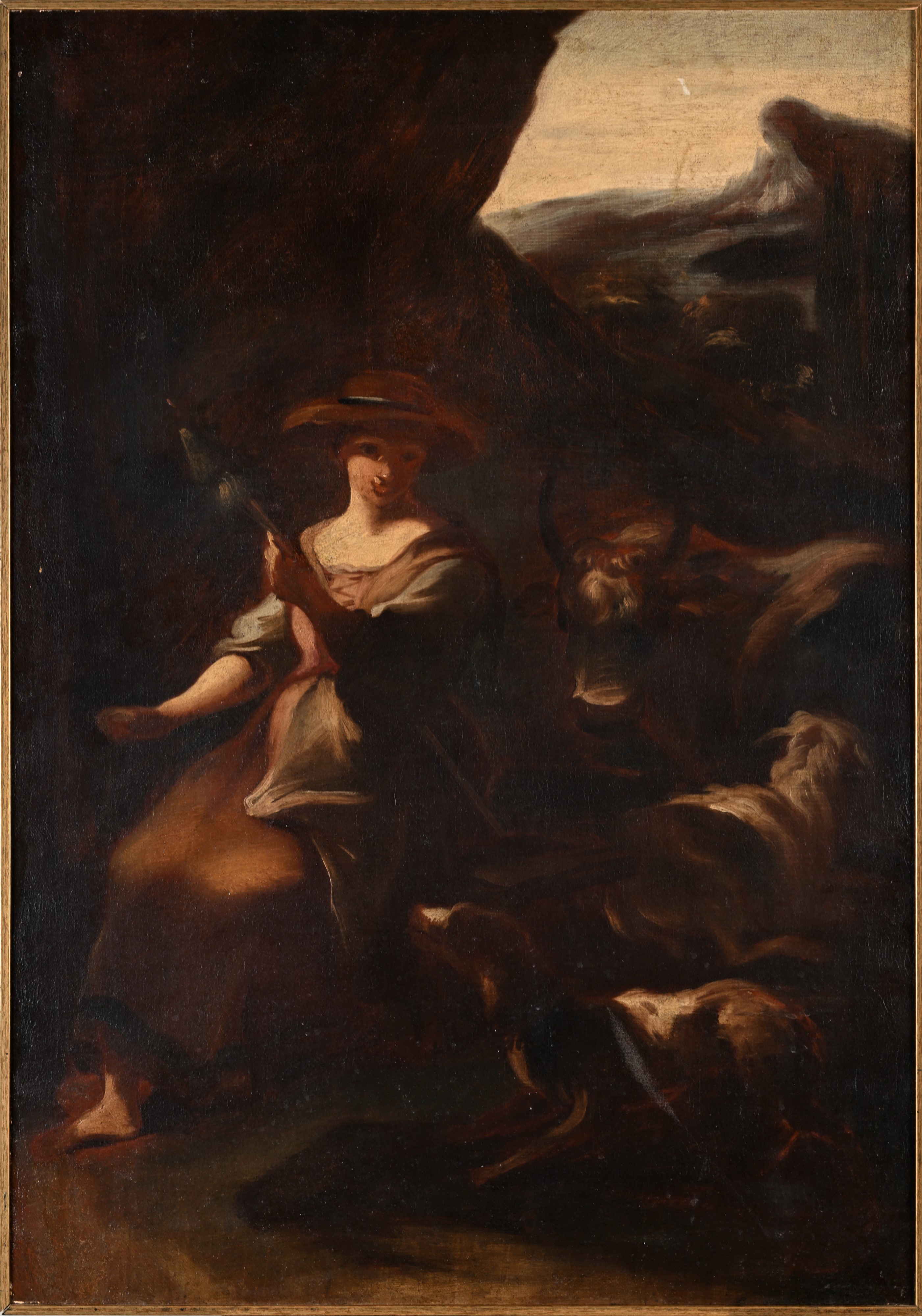 Anonimo del XVII Secolo - Contadina che fila con armenti, olio su tela