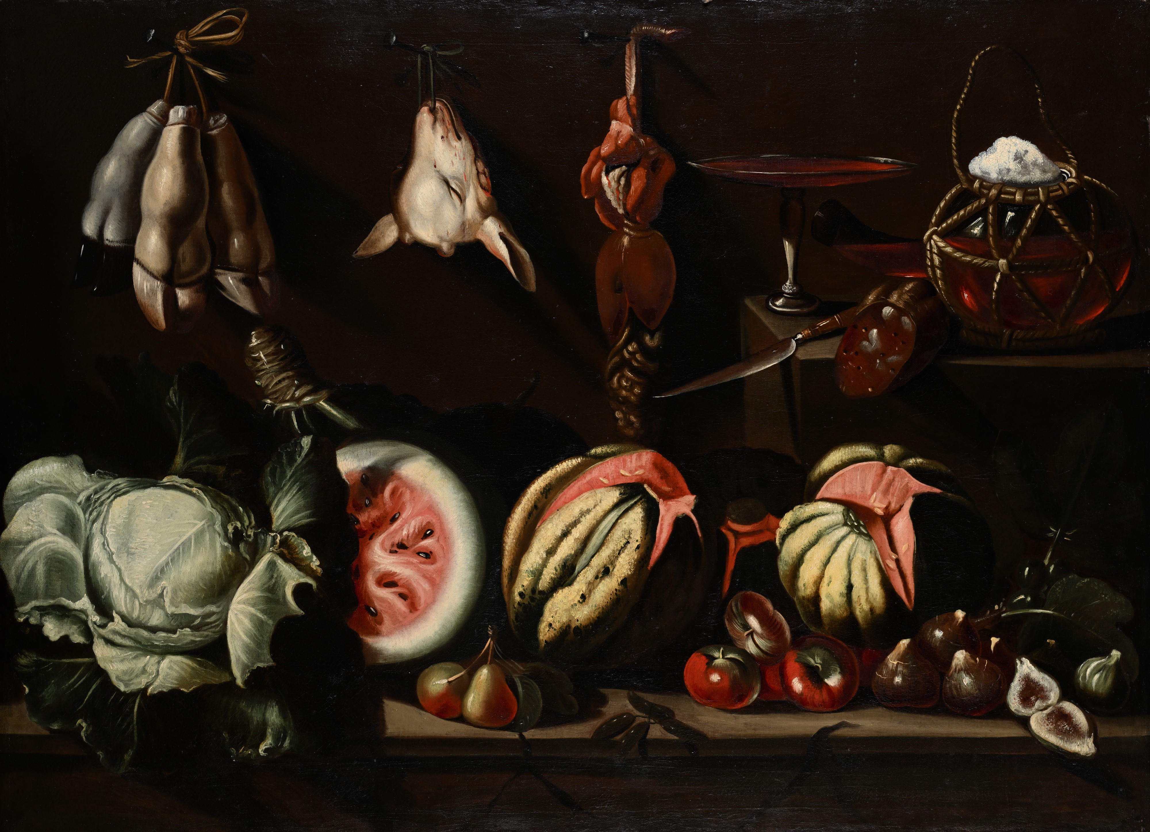 Astolfo Petrazzi - Natura morta con volatili, frutta e formaggi; Natura morta con capretto, salam...