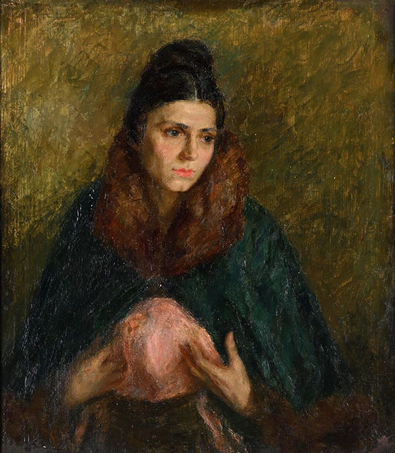 Emilio Vitali - Ritratto di giovane donna con collo di pelliccia, olio su tela