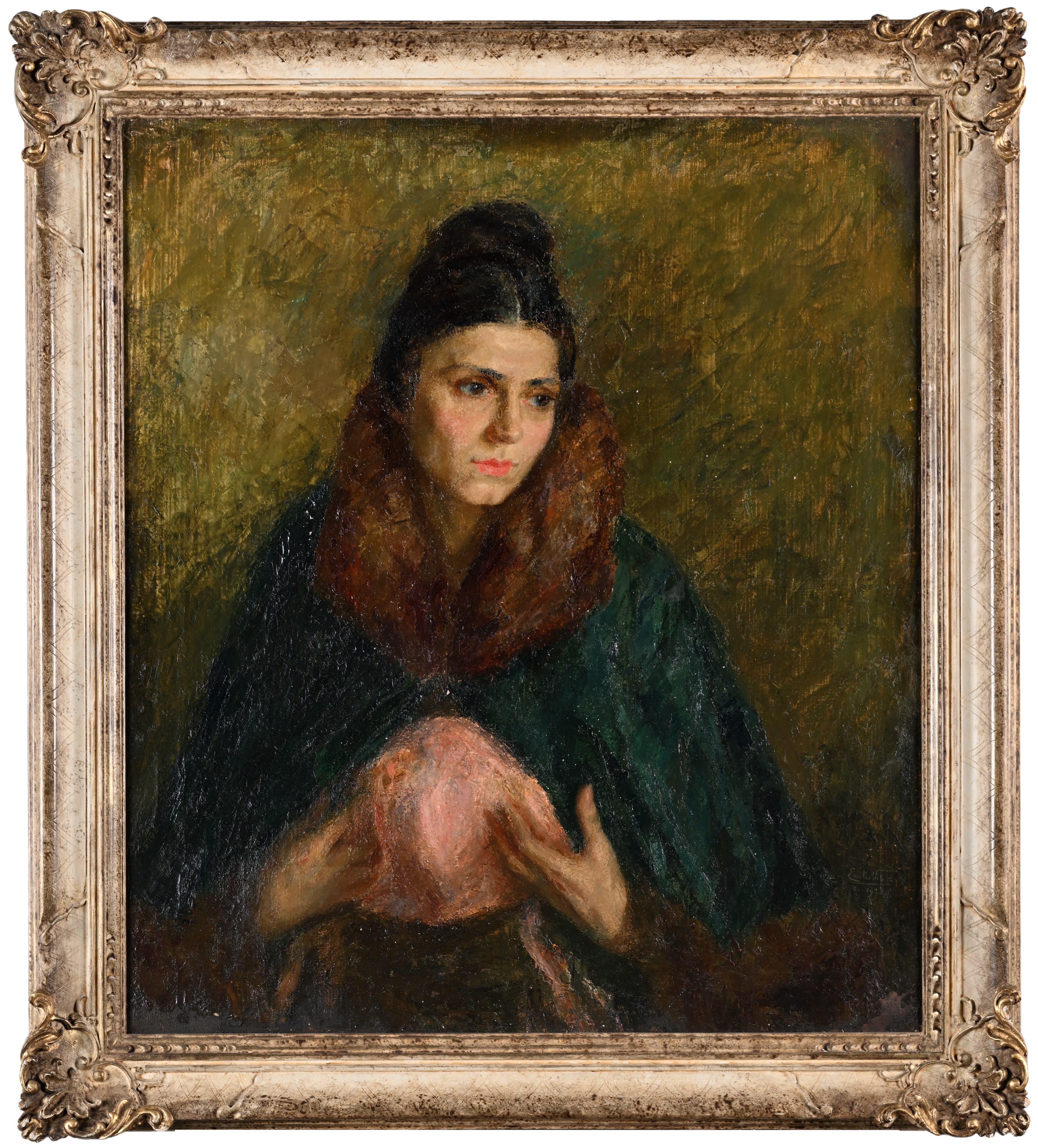 Emilio Vitali - Ritratto di giovane donna con collo di pelliccia, olio su tela