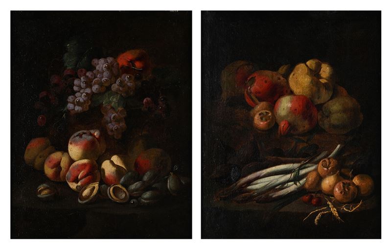 Coppia di Nature morte con asparagi, melagrane, cotogne, fichi, nespole e pesche, uva e mandorle