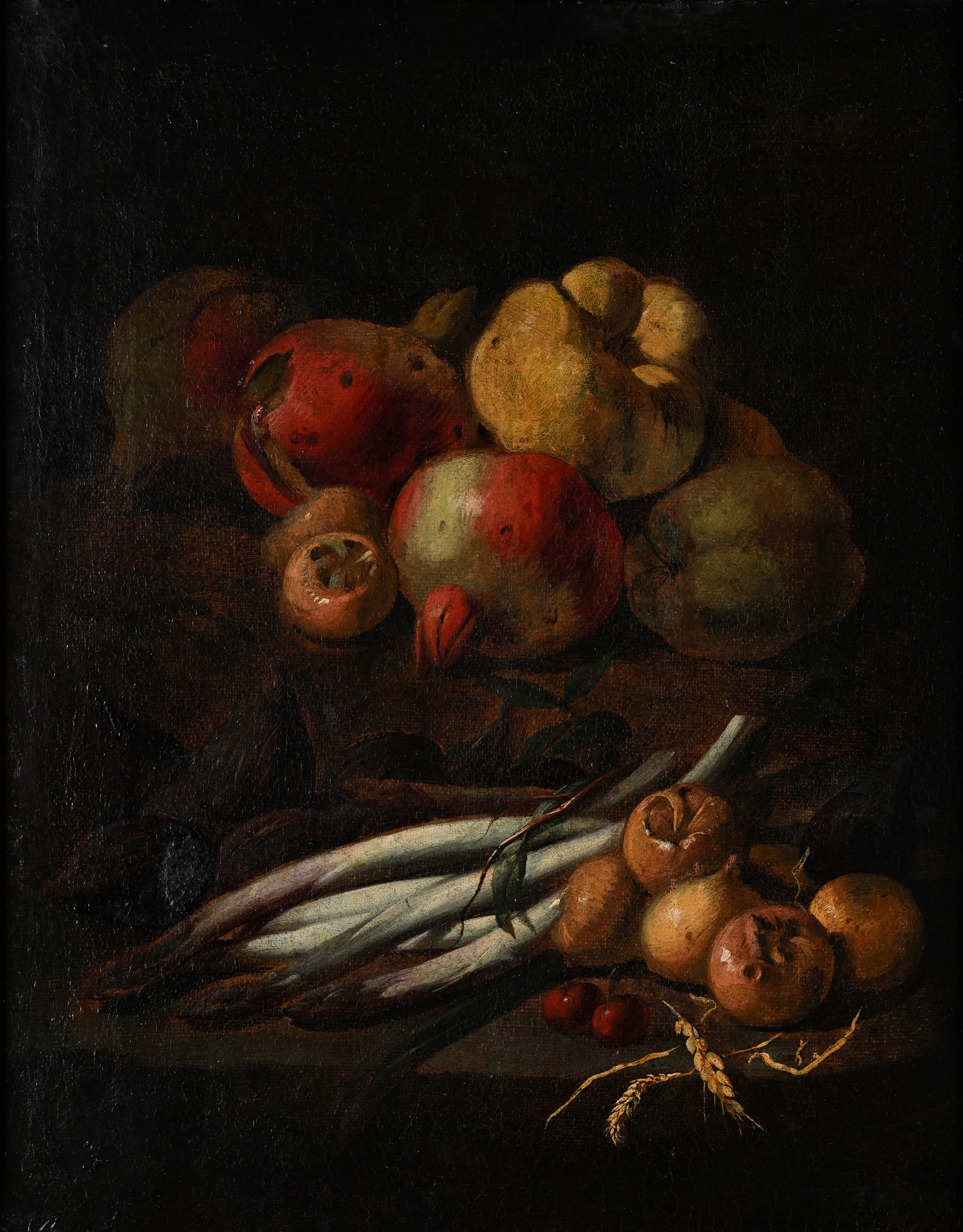 Coppia di Nature morte con asparagi, melagrane, cotogne, fichi, nespole e pesche, uva e mandorle