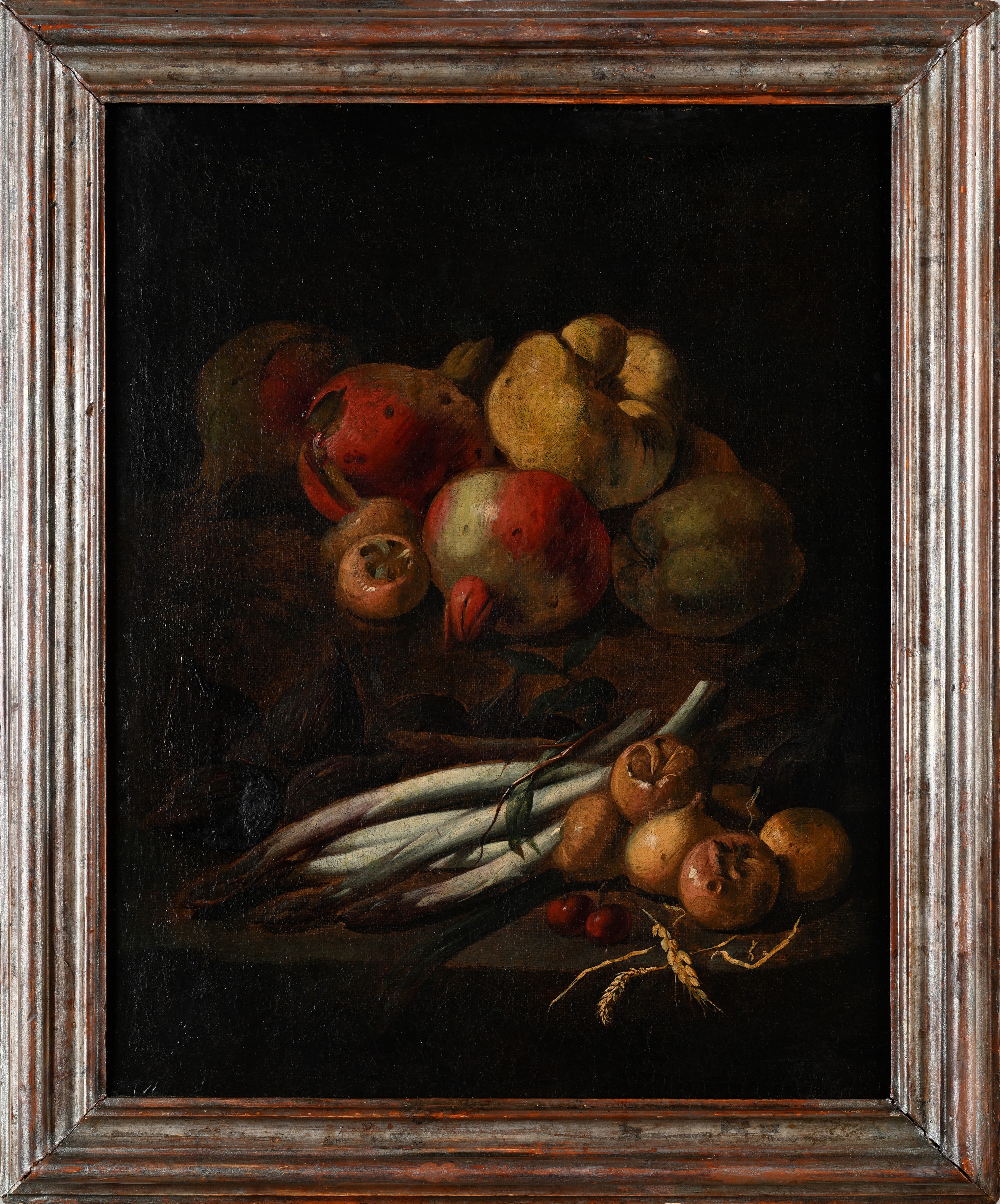 Coppia di Nature morte con asparagi, melagrane, cotogne, fichi, nespole e pesche, uva e mandorle