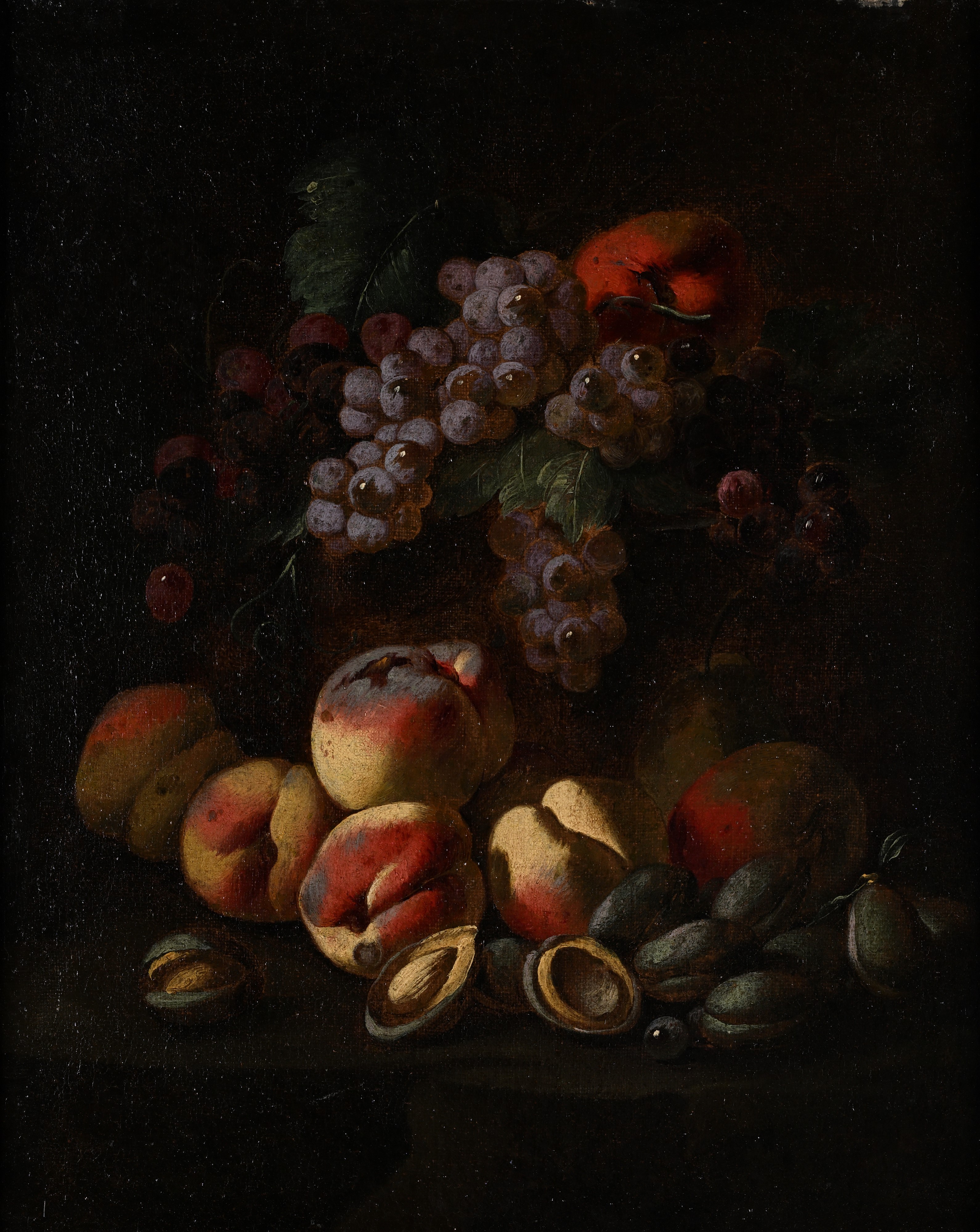 Coppia di Nature morte con asparagi, melagrane, cotogne, fichi, nespole e pesche, uva e mandorle