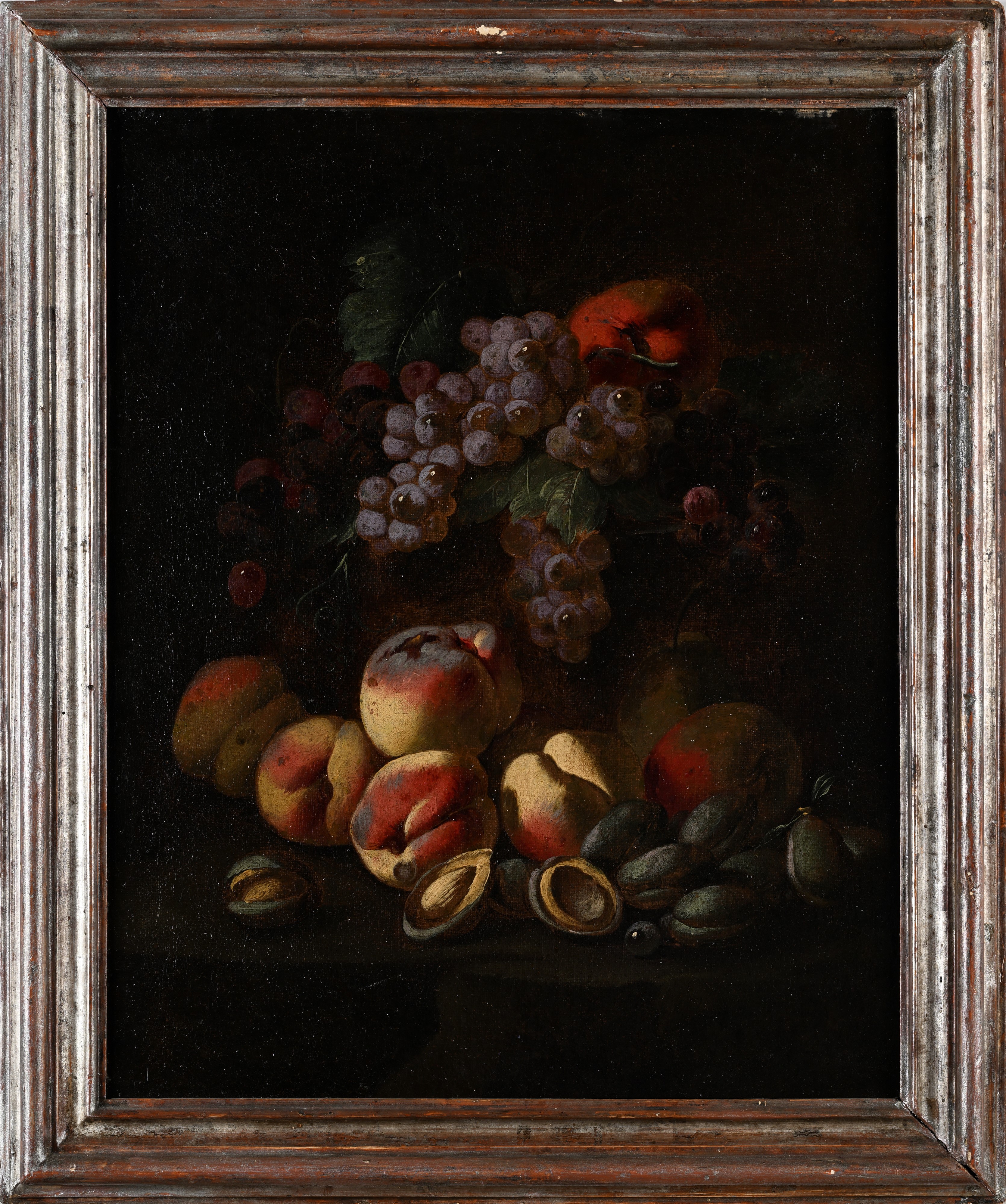 Coppia di Nature morte con asparagi, melagrane, cotogne, fichi, nespole e pesche, uva e mandorle