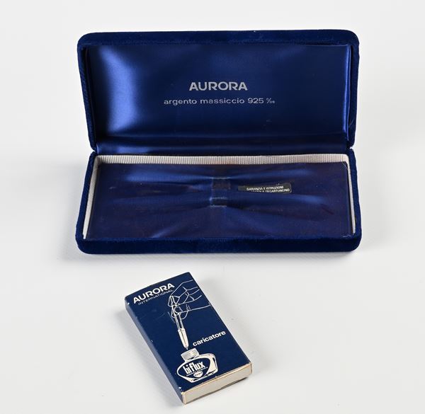 Astuccio originale Aurora per penna stilografica e penna a sfera Argento Massiccio 925/000. Con caricatore a stantuffo nuovo entro originale