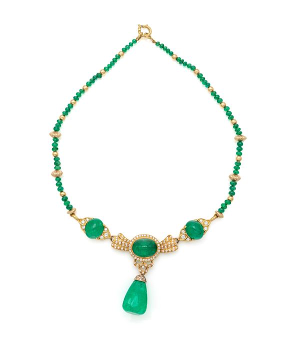 Importante collana in oro, brillanti e smeraldi
