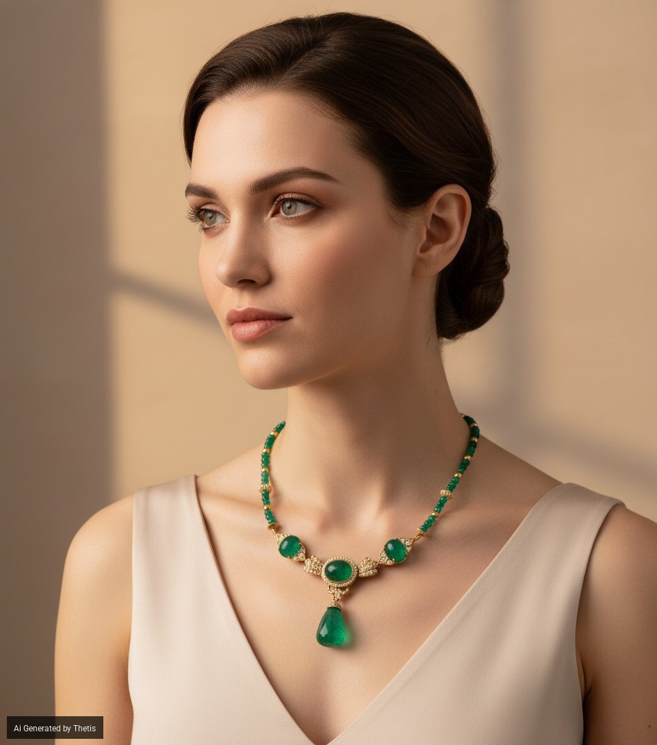 Importante collana in oro, brillanti e smeraldi