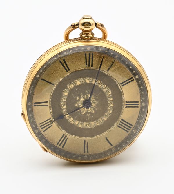 John Neal London - Orologio da tasca con carica a chiavetta con cassa in oro 18Kt decorata a guilloché ed incisioni a volute. Scappamento a cilindro