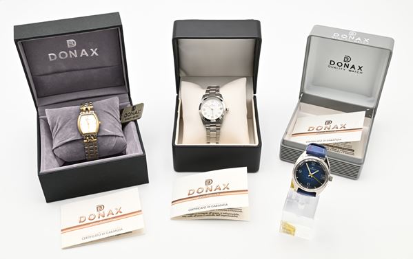 Donax - 3 orologi da polso (1 automatico, 1 manuale Incabloc e 1 al quarzo) unisex e da donna (2 con datario) in acciaio e acciaio placcato in oro giallo. (2 con cinturini originali in acciaio e placcato in oro giallo)
