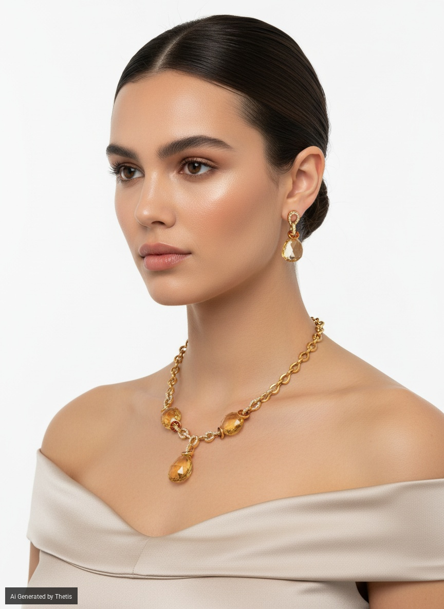 Parure collana e orecchini in oro, brillanti e topazi