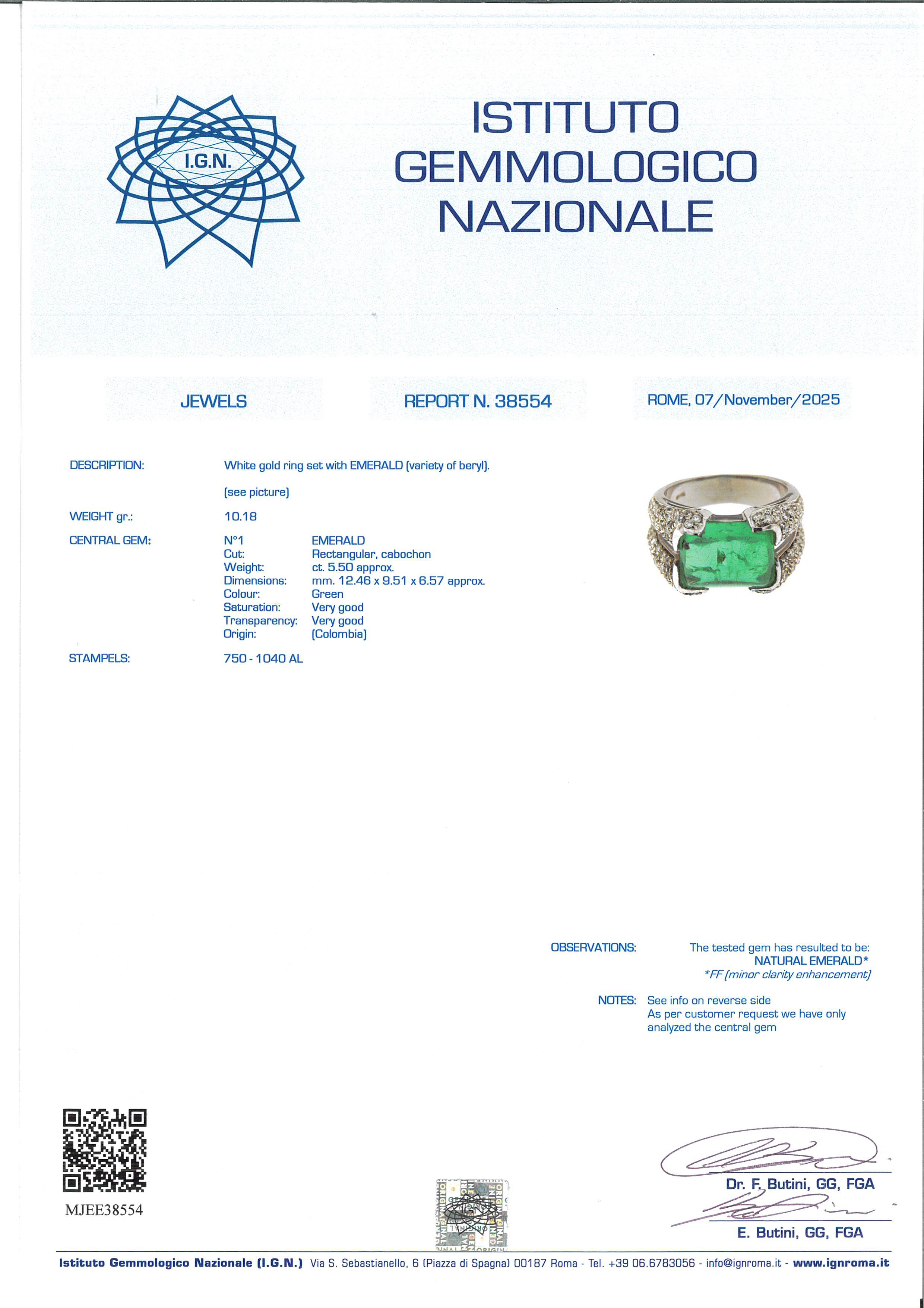 Anello a trombino in oro, smeraldo e brillanti