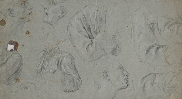 Recto: Studio di testa e busti - Verso: Studio di veste di frate e mani