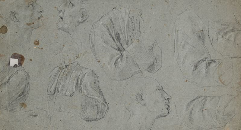 Recto: Studio di testa e busti - Verso: Studio di veste di frate e mani