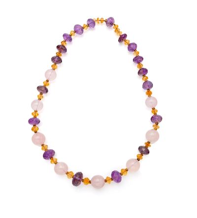 Collana in oro giallo, ametiste, quarzi rosa e quarzi citrini, lunghezza 64 cm