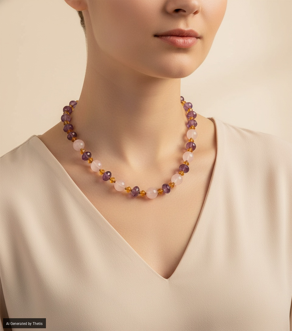 Collana in oro giallo, ametiste, quarzi rosa e quarzi citrini, lunghezza 64 cm