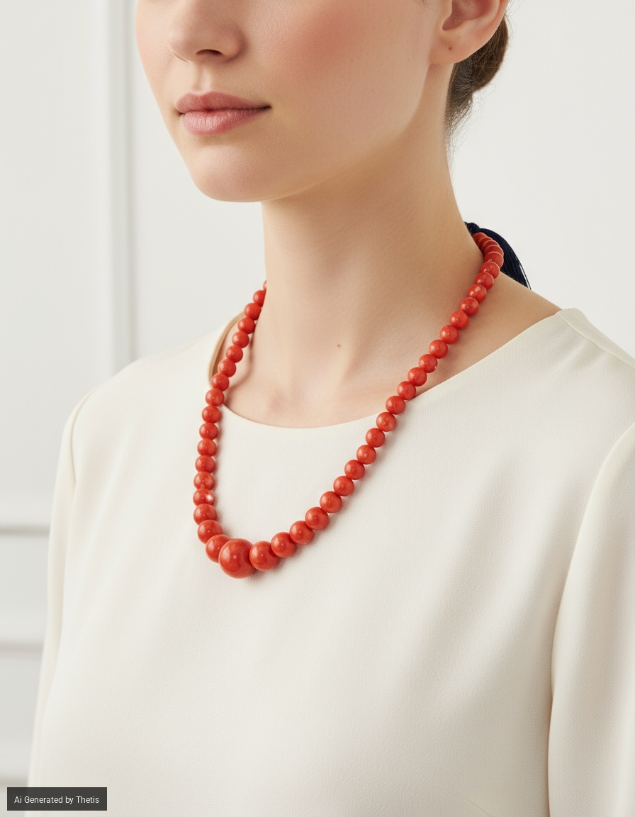 Collana in corallo a sfera, peso 136 gr, diametro sfere da 10 a 22 mm